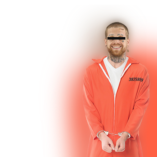 The founder in an orange prison jumpsuit, handcuffed, smiling, eyes censored